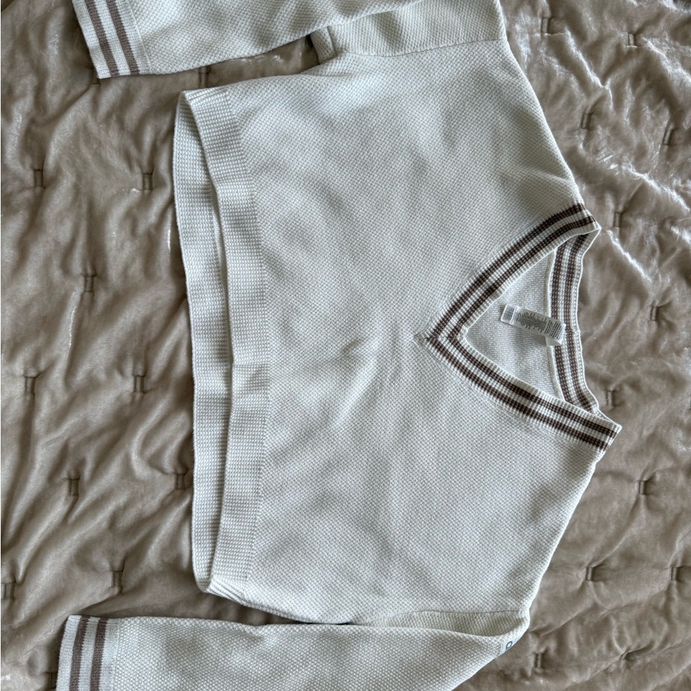 ALO Yoga Kids Cream Sweater with Brown Trim